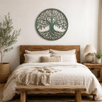 Tree of Life Metal Wall Art, Distressed Teal Circular Decor, Nature Inspired Steel Sign