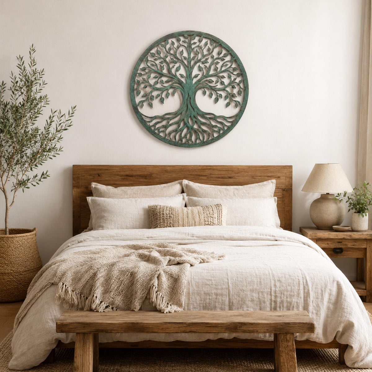 Tree of Life Metal Wall Art, Distressed Teal Circular Decor, Nature Inspired Steel Sign