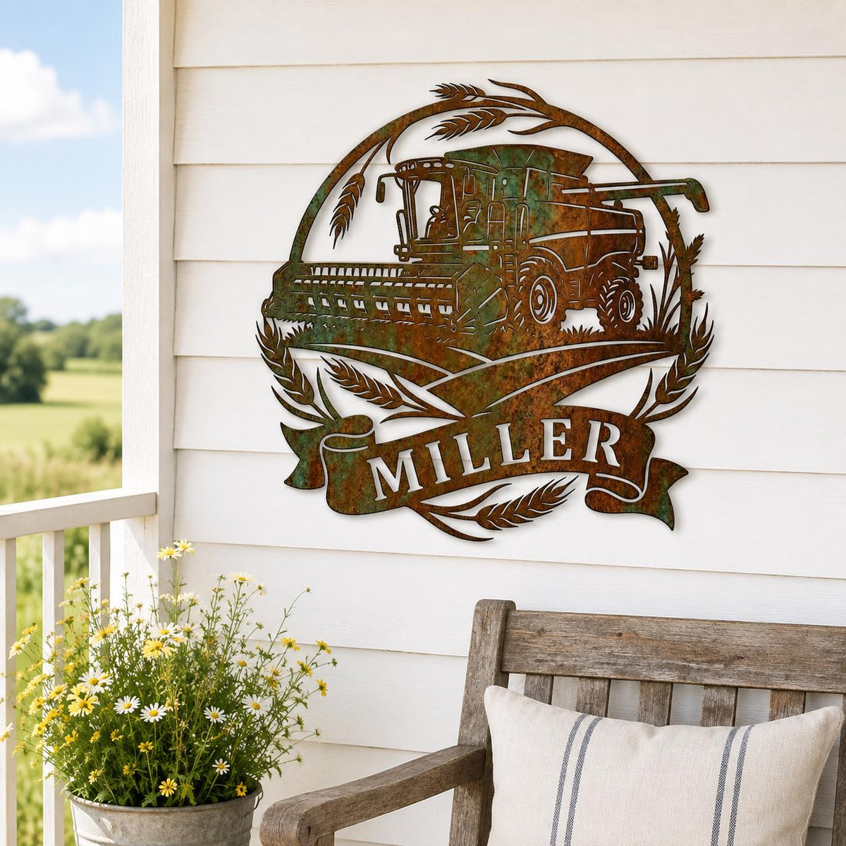 Custom Combine Harvester Metal Sign, Personalized Wheat Farm Wall Decor, Rustic Garden Art