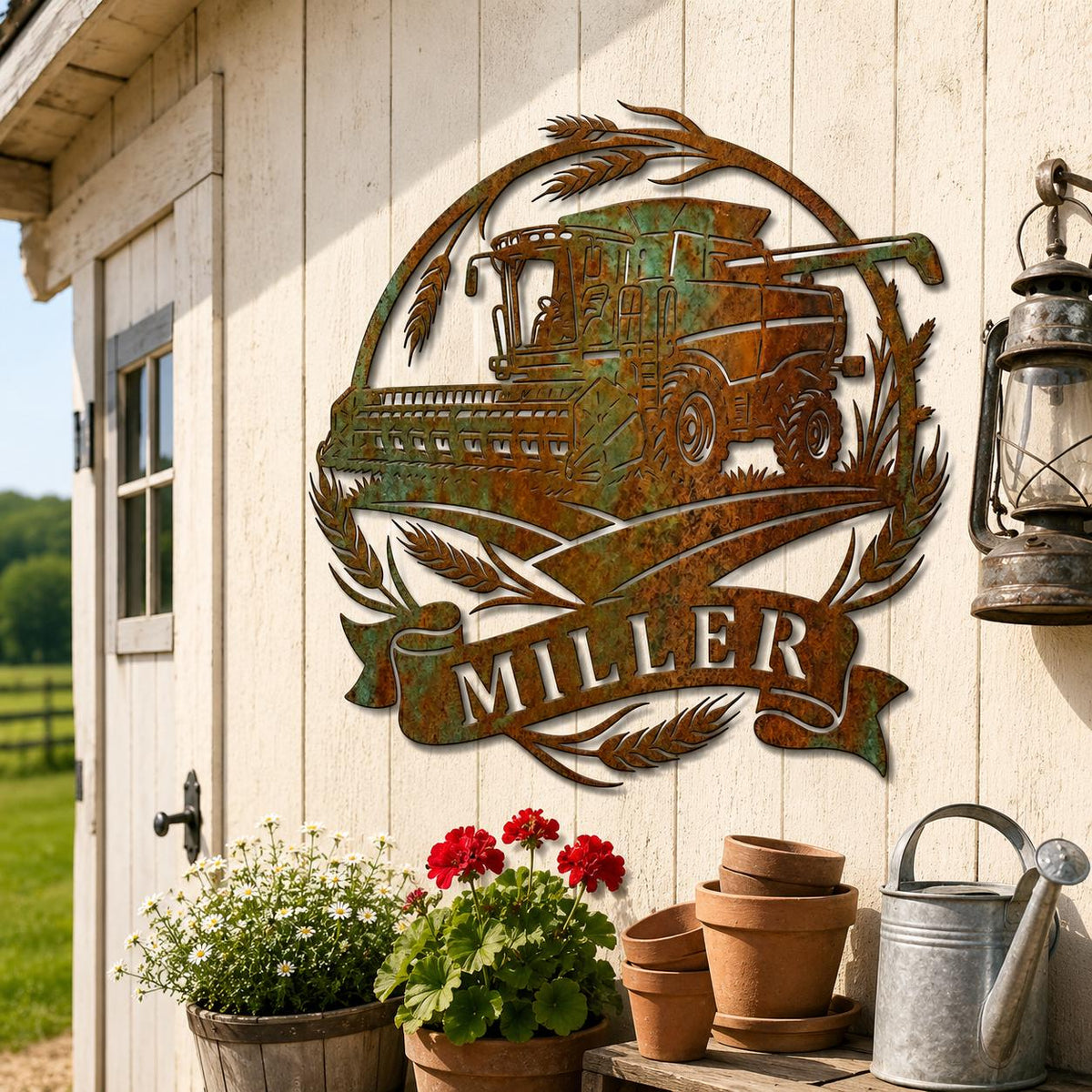 Custom Combine Harvester Metal Sign, Personalized Wheat Farm Wall Decor, Rustic Garden Art