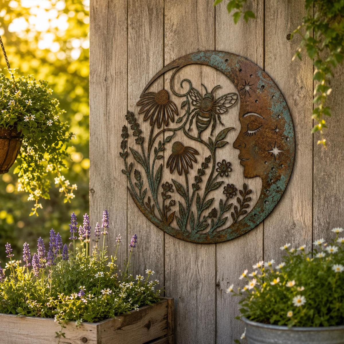 Metal Moon Wall Art, Floral Crescent Decor, Bee Celestial Hanging
