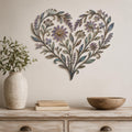Floral Heart Metal Wall Art, Distressed Blue Green Purple, Flower Leaf Decor, Botanical Art