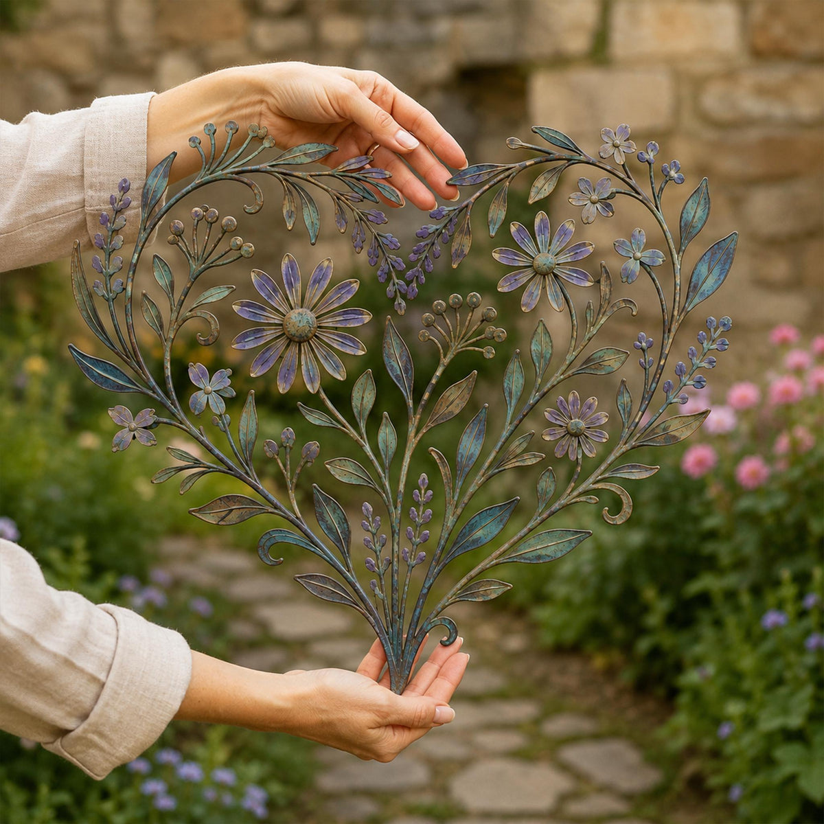 Floral Heart Metal Wall Art, Distressed Blue Green Purple, Flower Leaf Decor, Botanical Art