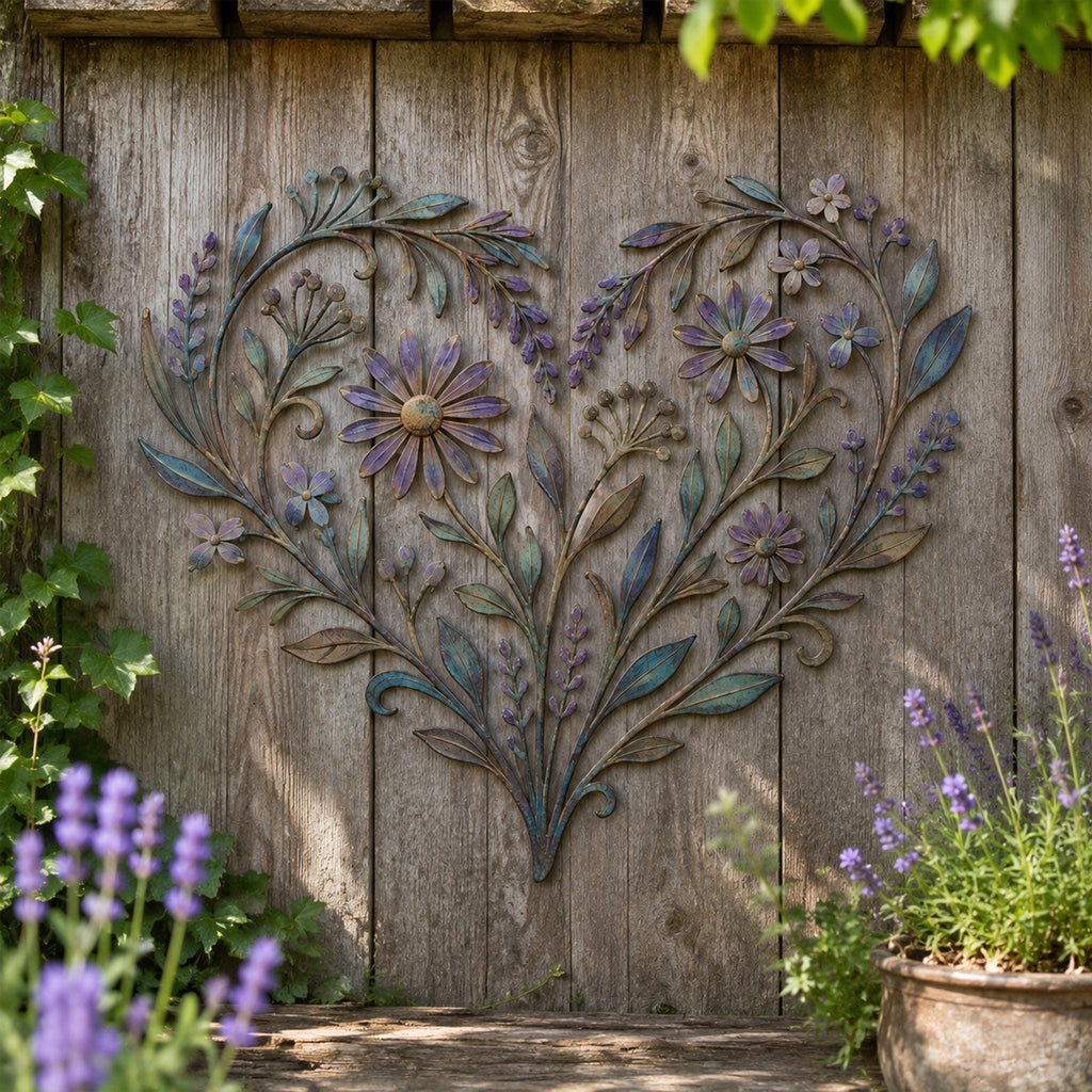 Floral Heart Metal Wall Art, Distressed Blue Green Purple, Flower Leaf Decor, Botanical Art