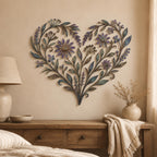 Floral Heart Metal Wall Art, Distressed Blue Green Purple, Flower Leaf Decor, Botanical Art