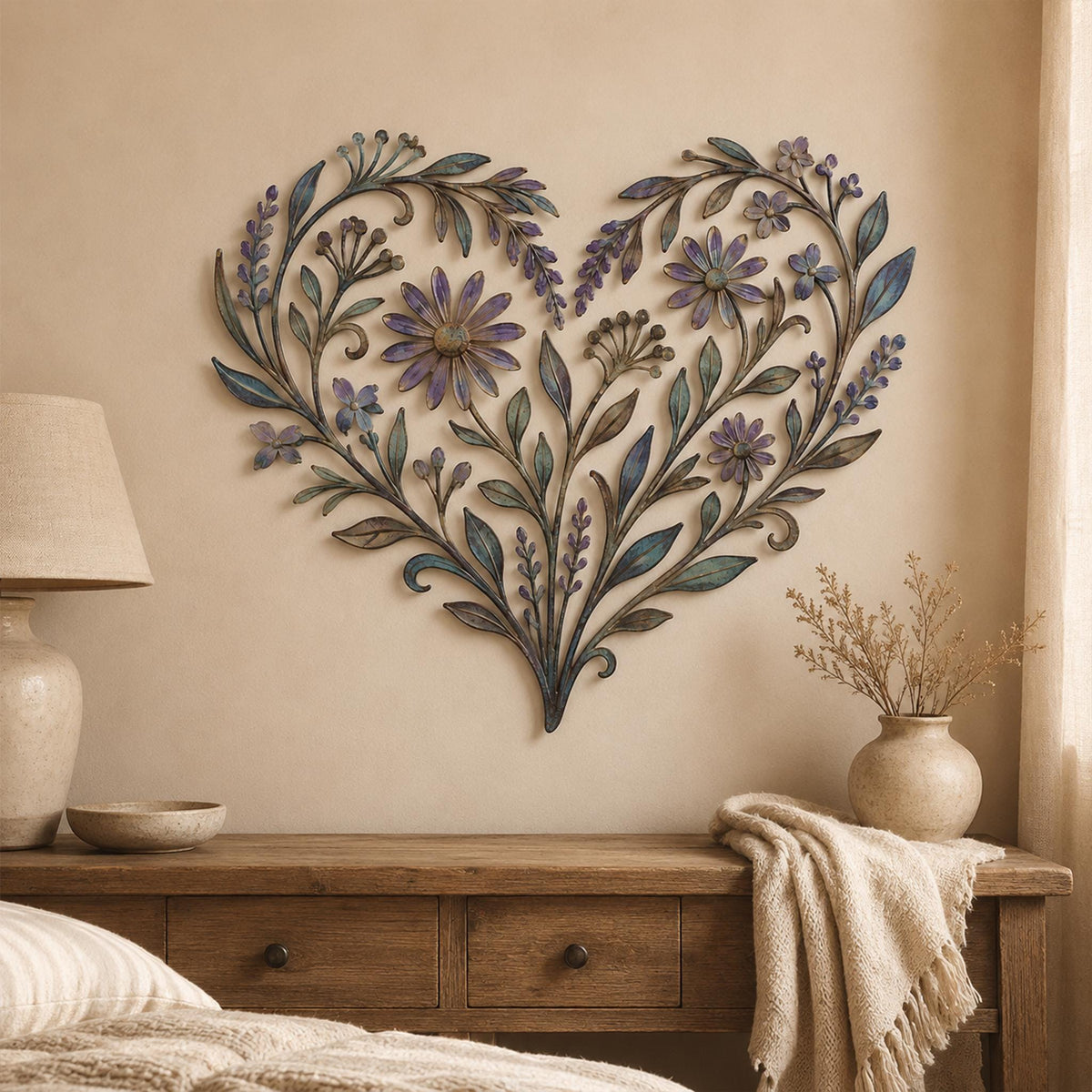 Floral Heart Metal Wall Art, Distressed Blue Green Purple, Flower Leaf Decor, Botanical Art