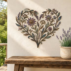 Floral Heart Metal Wall Art, Distressed Blue Green Purple, Flower Leaf Decor, Botanical Art