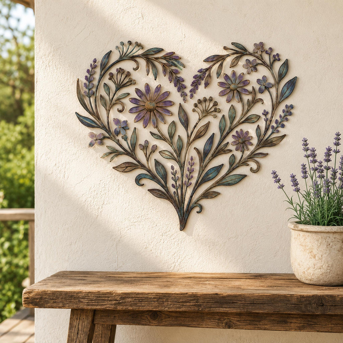 Floral Heart Metal Wall Art, Distressed Blue Green Purple, Flower Leaf Decor, Botanical Art