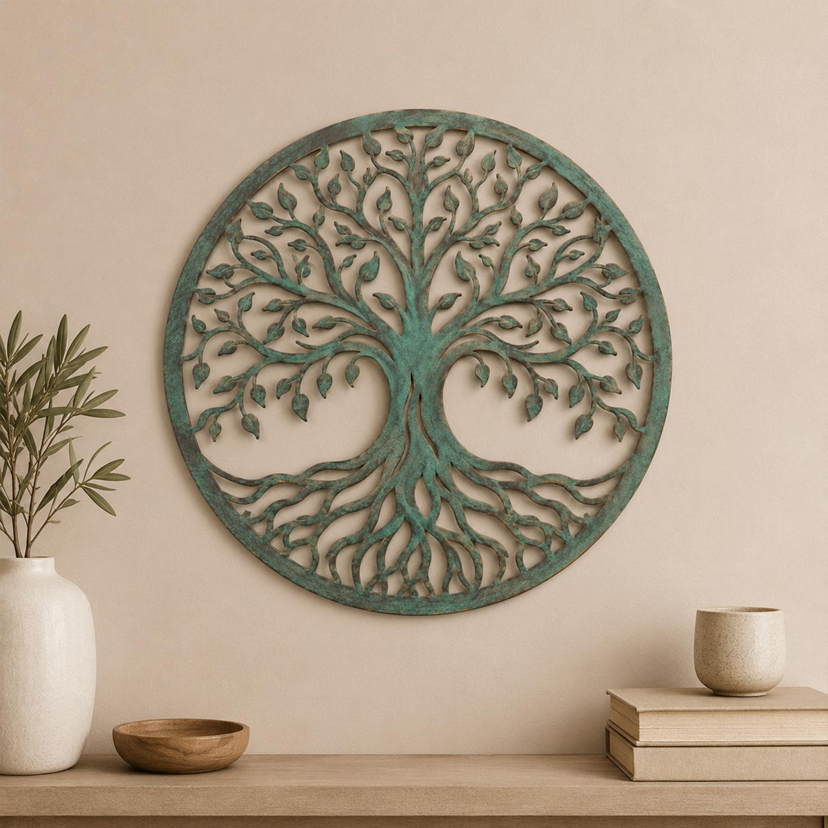 Tree of Life Metal Wall Art, Distressed Teal Circular Decor, Nature Inspired Steel Sign