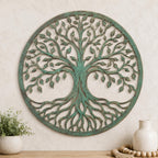 Tree of Life Metal Wall Art, Distressed Teal Circular Decor, Nature Inspired Steel Sign