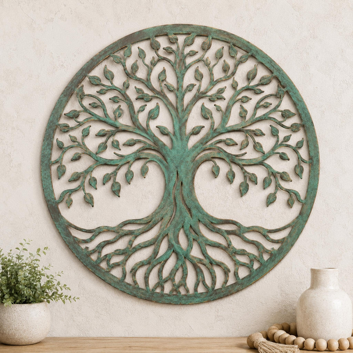 Tree of Life Metal Wall Art, Distressed Teal Circular Decor, Nature Inspired Steel Sign