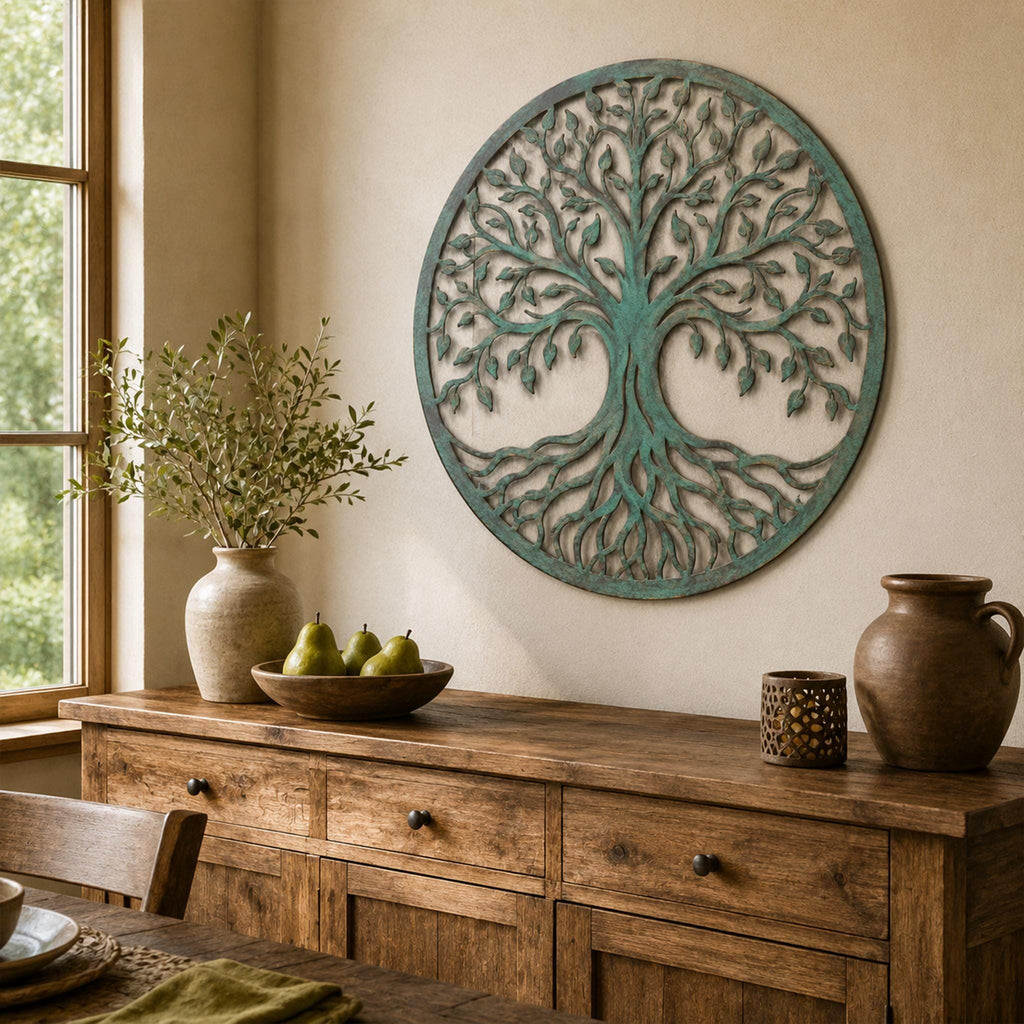 Tree of Life Metal Wall Art, Distressed Teal Circular Decor, Nature Inspired Steel Sign