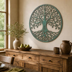 Tree of Life Metal Wall Art, Distressed Teal Circular Decor, Nature Inspired Steel Sign