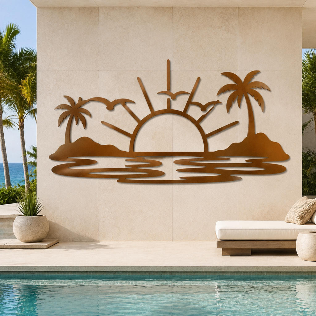 Tropical Sunset Metal Wall Art, Palm Tree Beach Scene, Coastal Decor