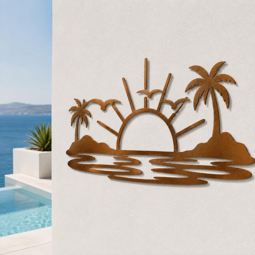 Tropical Sunset Metal Wall Art, Palm Tree Beach Scene, Coastal Decor