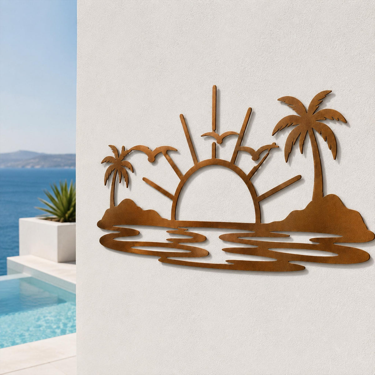 Tropical Sunset Metal Wall Art, Palm Tree Beach Scene, Coastal Decor