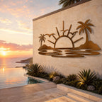 Tropical Sunset Metal Wall Art, Palm Tree Beach Scene, Coastal Decor