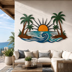 Tropical Sunset Metal Wall Art, Palm Tree Ocean Scene Decor, Coastal Home Sign