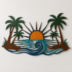 Tropical Sunset Metal Wall Art, Palm Tree Ocean Scene Decor, Coastal Home Sign