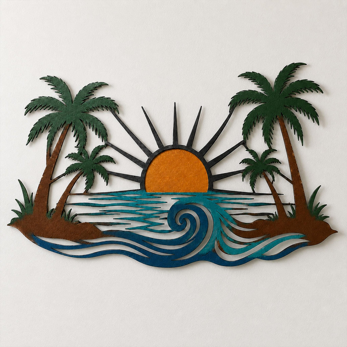 Tropical Sunset Metal Wall Art, Palm Tree Ocean Scene Decor, Coastal Home Sign
