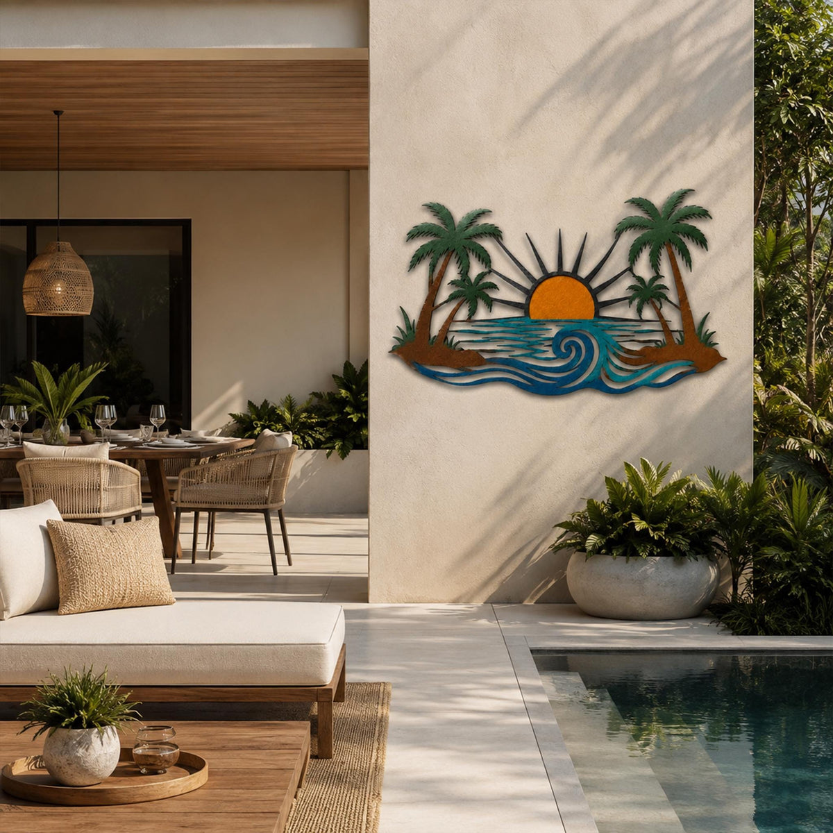 Tropical Sunset Metal Wall Art, Palm Tree Ocean Scene Decor, Coastal Home Sign