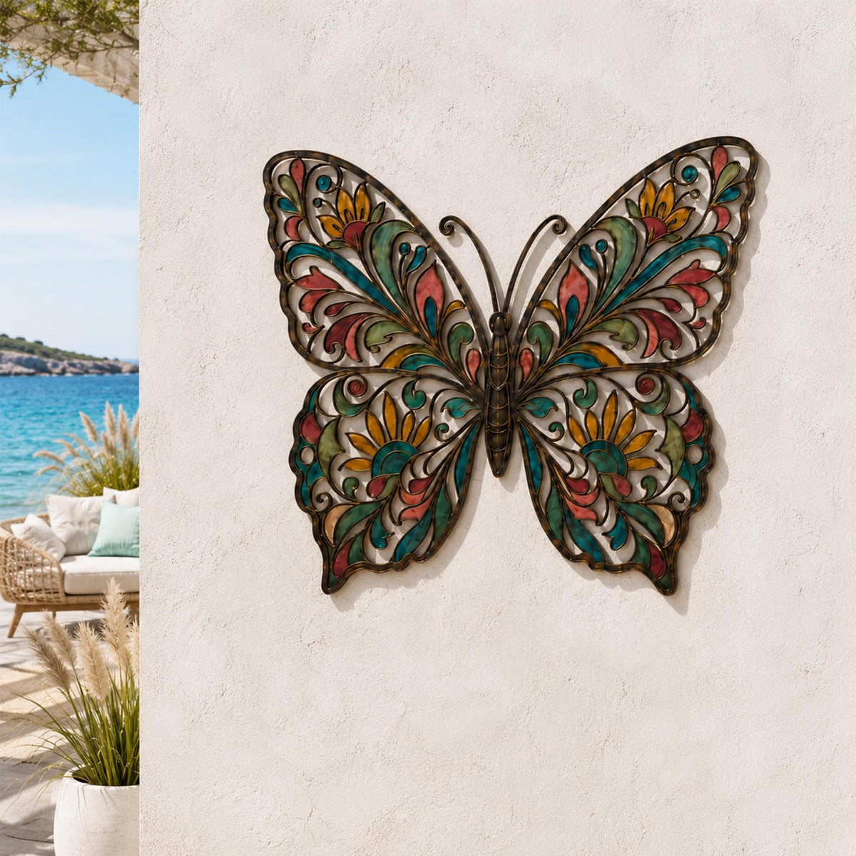 Metal Butterfly Wall Decor, Colorful Stained Glass Art, Outdoor Garden Hanging