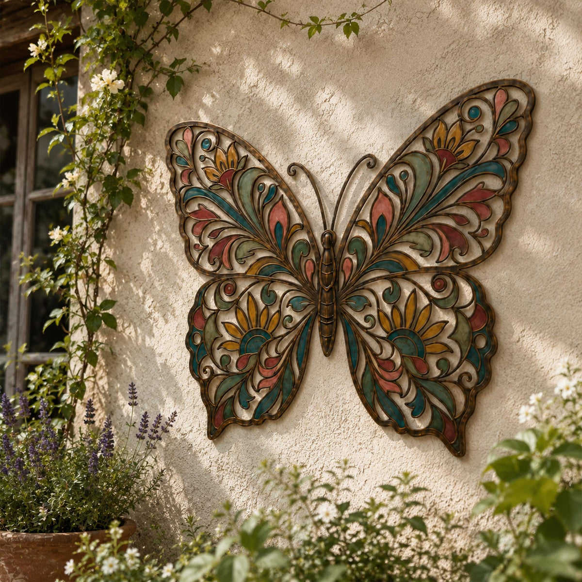 Metal Butterfly Wall Decor, Colorful Stained Glass Art, Outdoor Garden Hanging