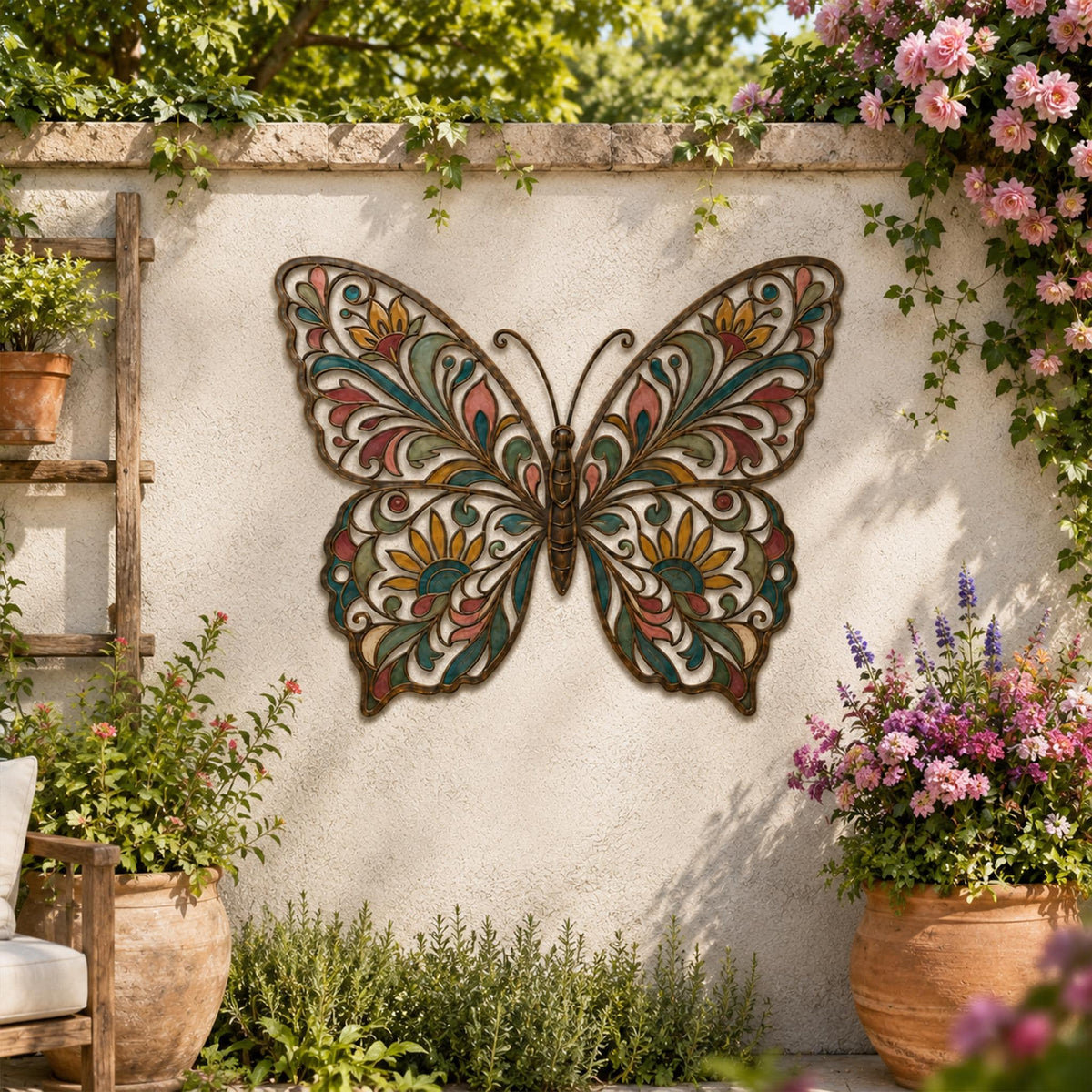 Metal Butterfly Wall Decor, Colorful Stained Glass Art, Outdoor Garden Hanging