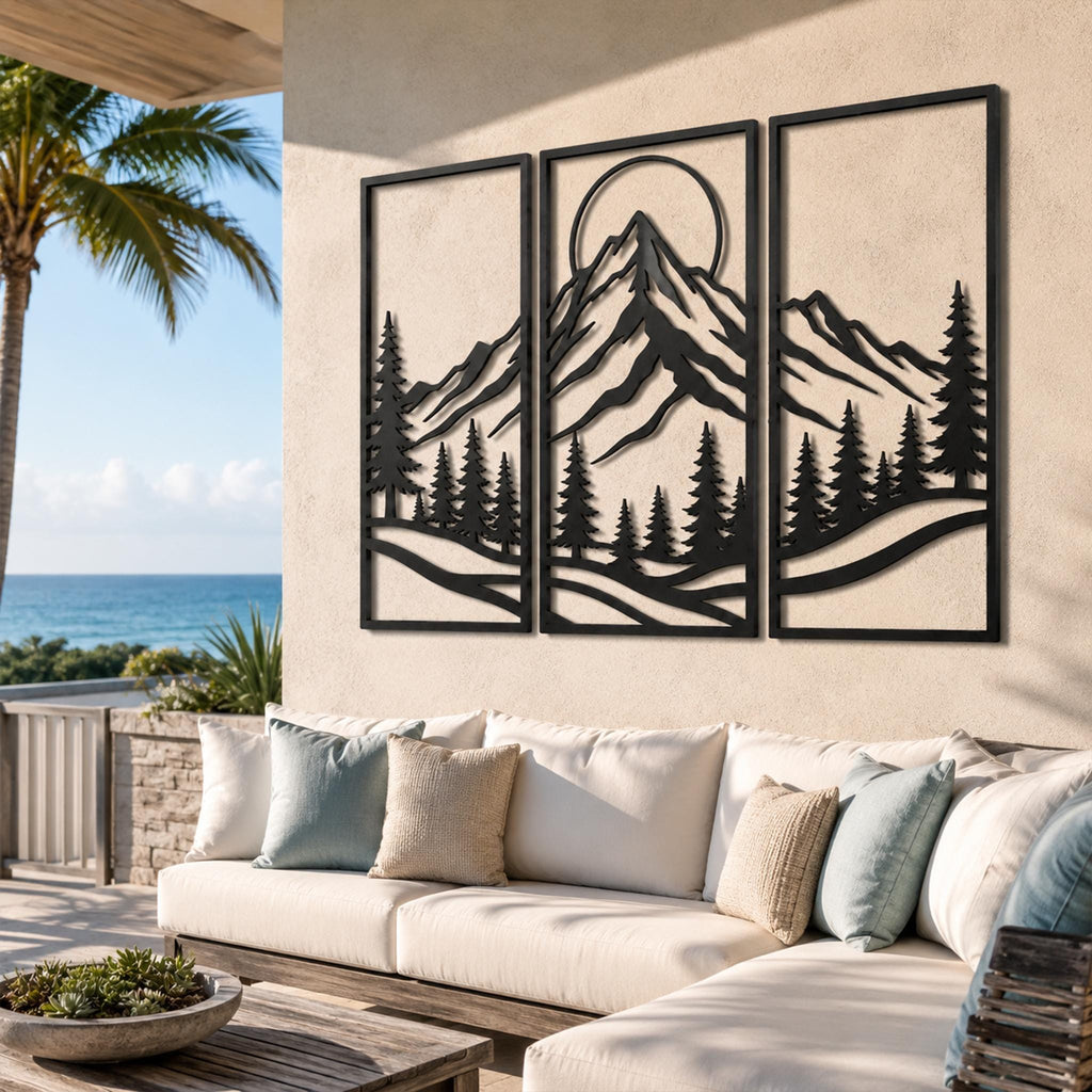 Mountain Range Metal Wall Art, Pine Tree Forest Scene, Sun Moon Metal Sign