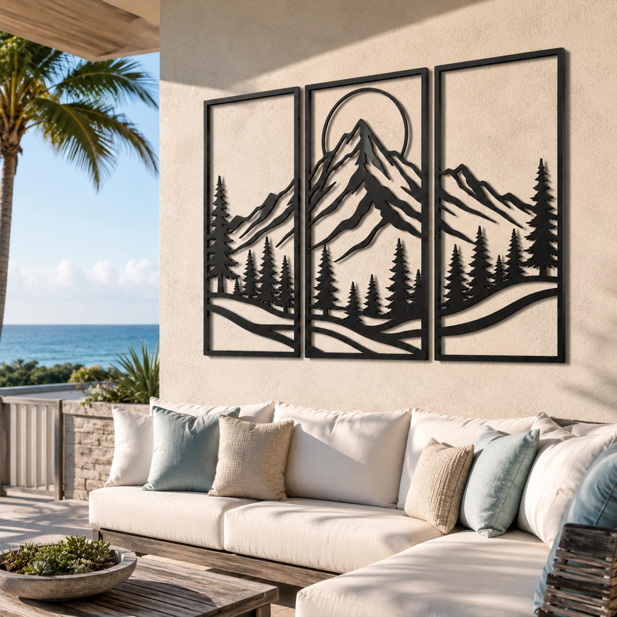 Mountain Range Metal Wall Art, Pine Tree Forest Scene, Sun Moon Metal Sign