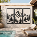 Mountain Range Metal Wall Art, Pine Tree Forest Scene, Sun Moon Metal Sign