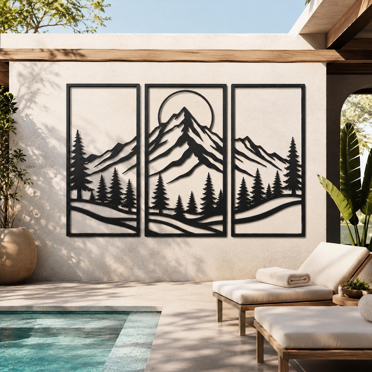 Mountain Range Metal Wall Art, Pine Tree Forest Scene, Sun Moon Metal Sign