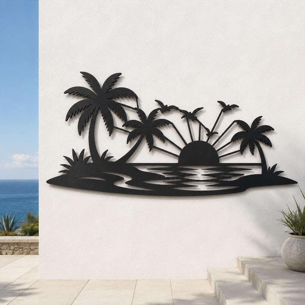 Tropical Sunset Metal Wall Art, Palm Tree Beach Scene, Coastal Decor Sign