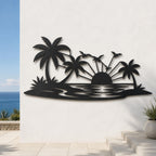 Tropical Sunset Metal Wall Art, Palm Tree Beach Scene, Coastal Decor Sign