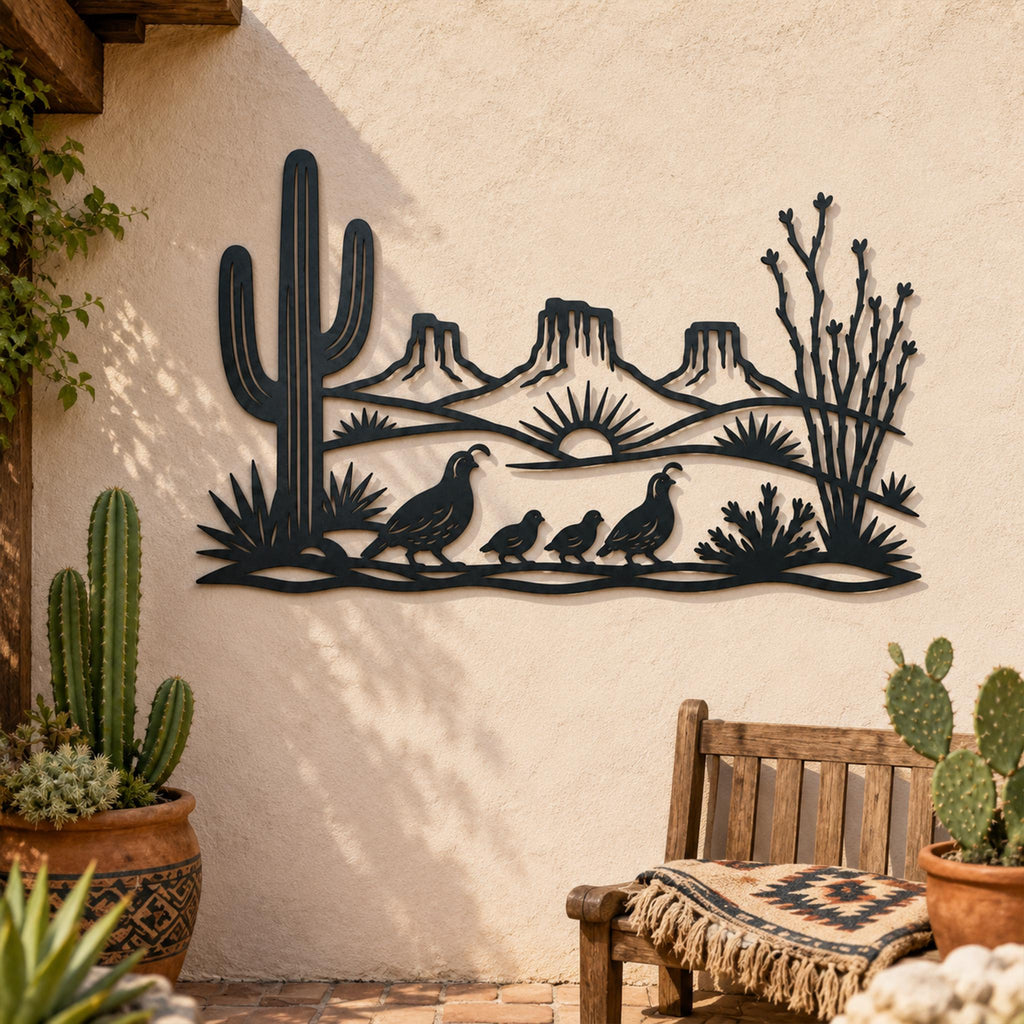 Desert Metal Sign, Saguaro Cactus Wall Art, Quail Family Metal Decor, Southwest Landscape Gift
