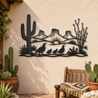 Desert Metal Sign, Saguaro Cactus Wall Art, Quail Family Metal Decor, Southwest Landscape Gift