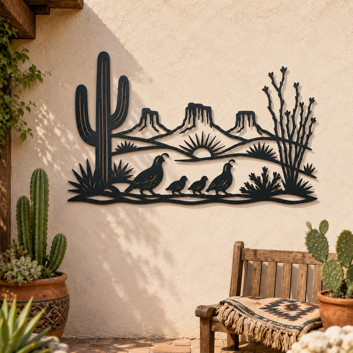 Desert Metal Sign, Saguaro Cactus Wall Art, Quail Family Metal Decor, Southwest Landscape Gift