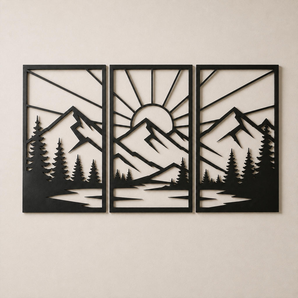 Geometric Mountain Landscape Metal Wall Art, Three Panel Sun Decor