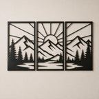 Geometric Mountain Landscape Metal Wall Art, Three Panel Sun Decor