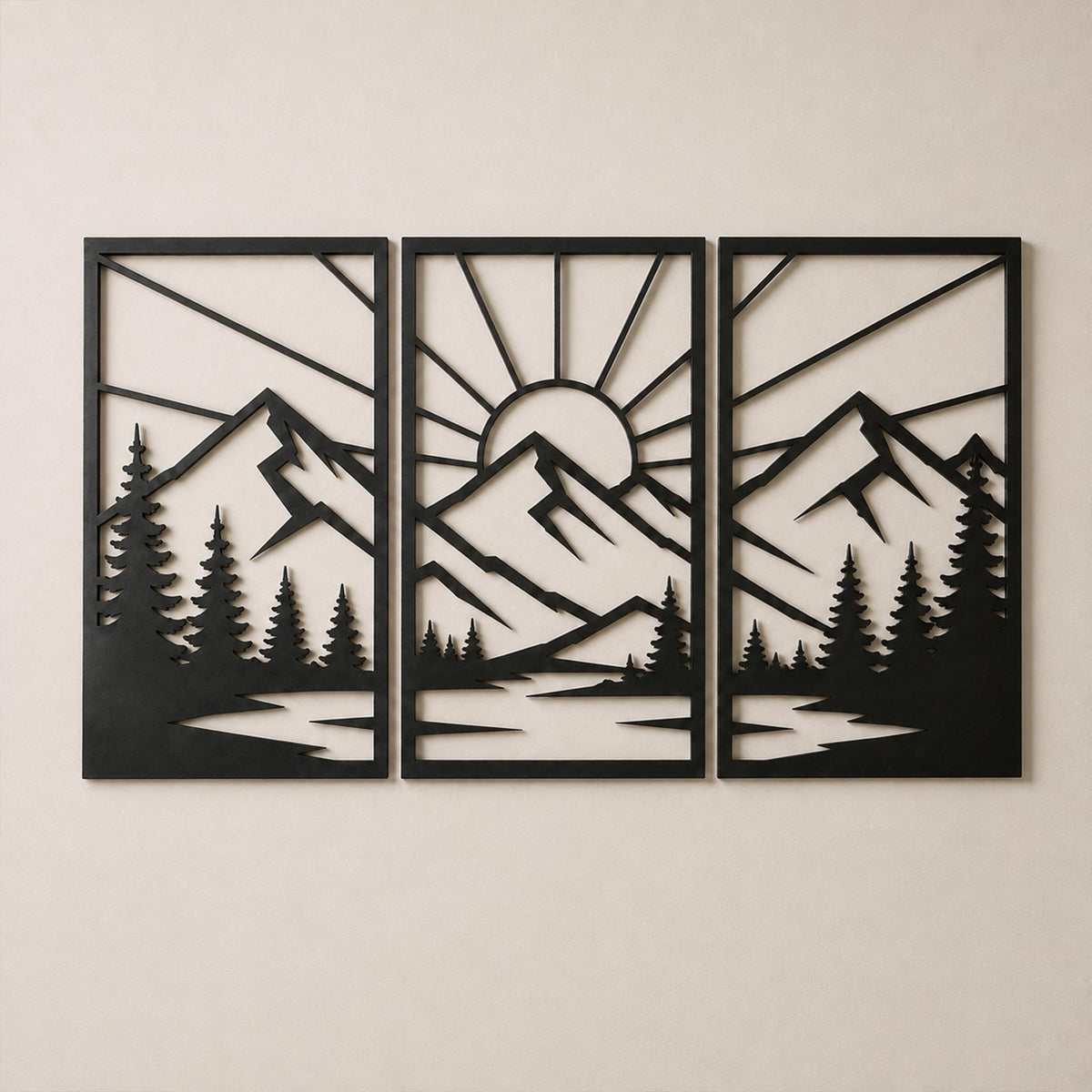 Geometric Mountain Landscape Metal Wall Art, Three Panel Sun Decor