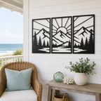 Geometric Mountain Landscape Metal Wall Art, Three Panel Sun Decor