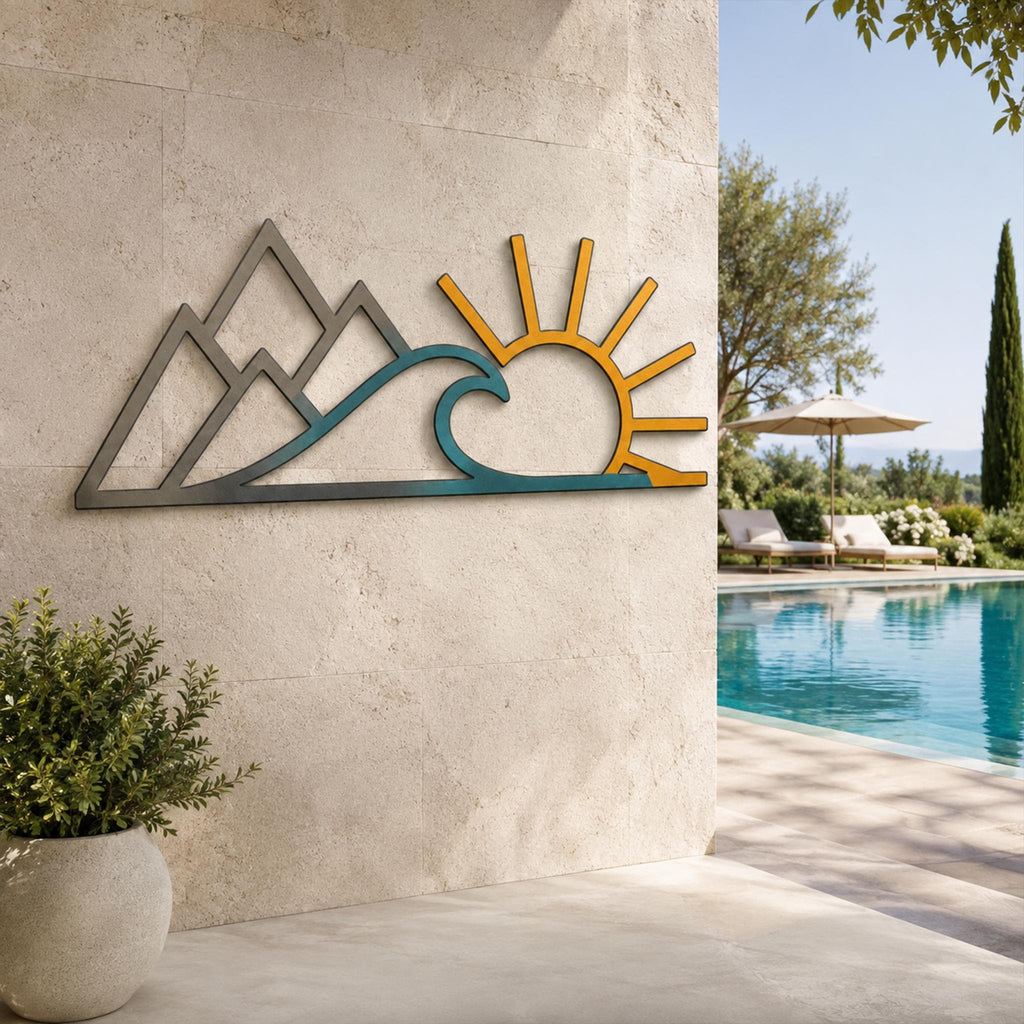 Metal Wall Art, Mountain Wave Sun Landscape Decor, Boho Abstract Nature Sign