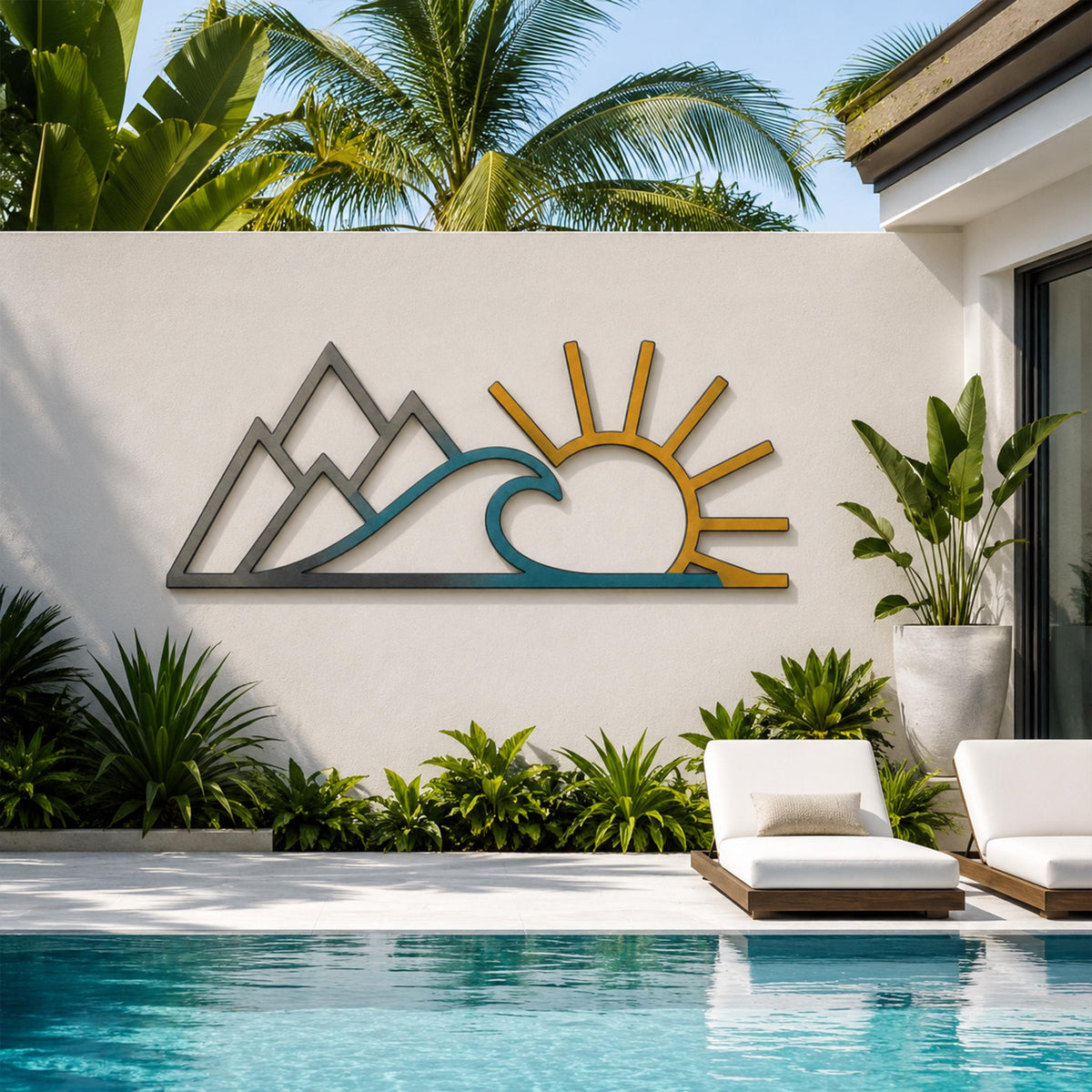 Metal Wall Art, Mountain Wave Sun Landscape Decor, Boho Abstract Nature Sign