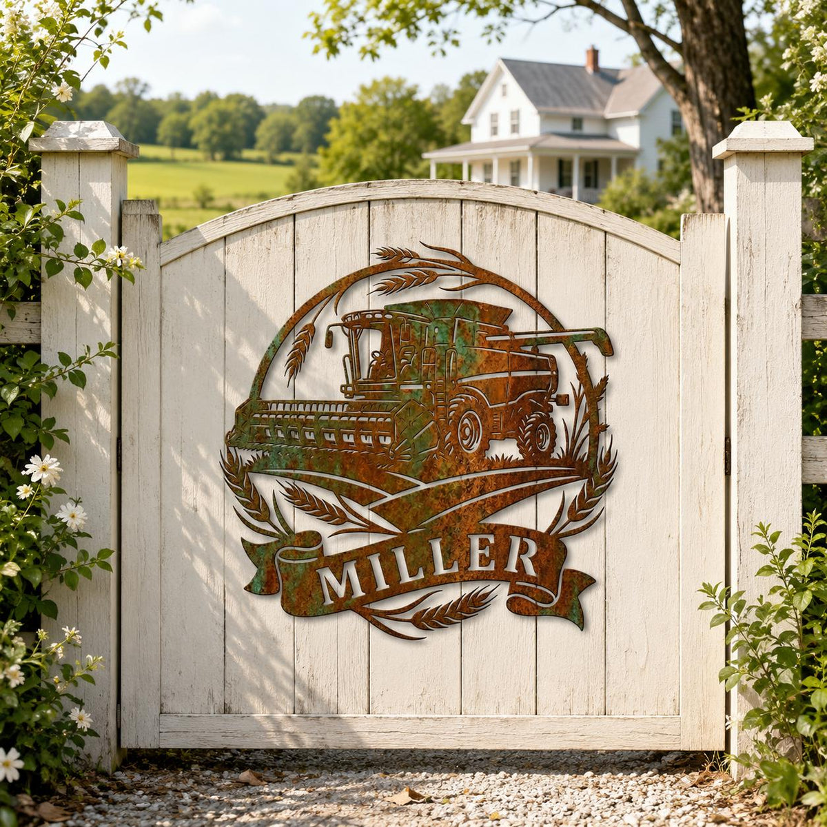 Custom Combine Harvester Metal Sign, Personalized Wheat Farm Wall Decor, Rustic Garden Art