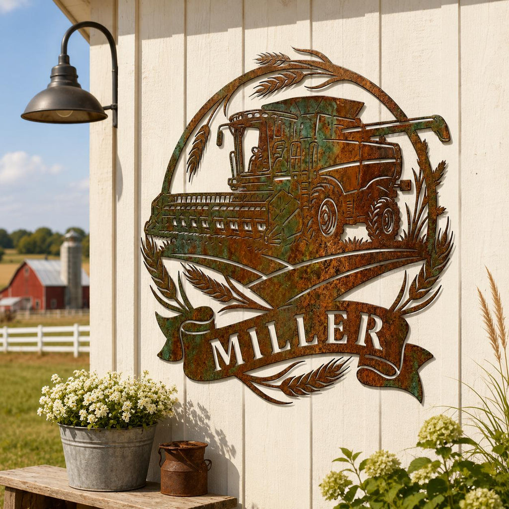 Custom Combine Harvester Metal Sign, Personalized Wheat Farm Wall Decor, Rustic Garden Art