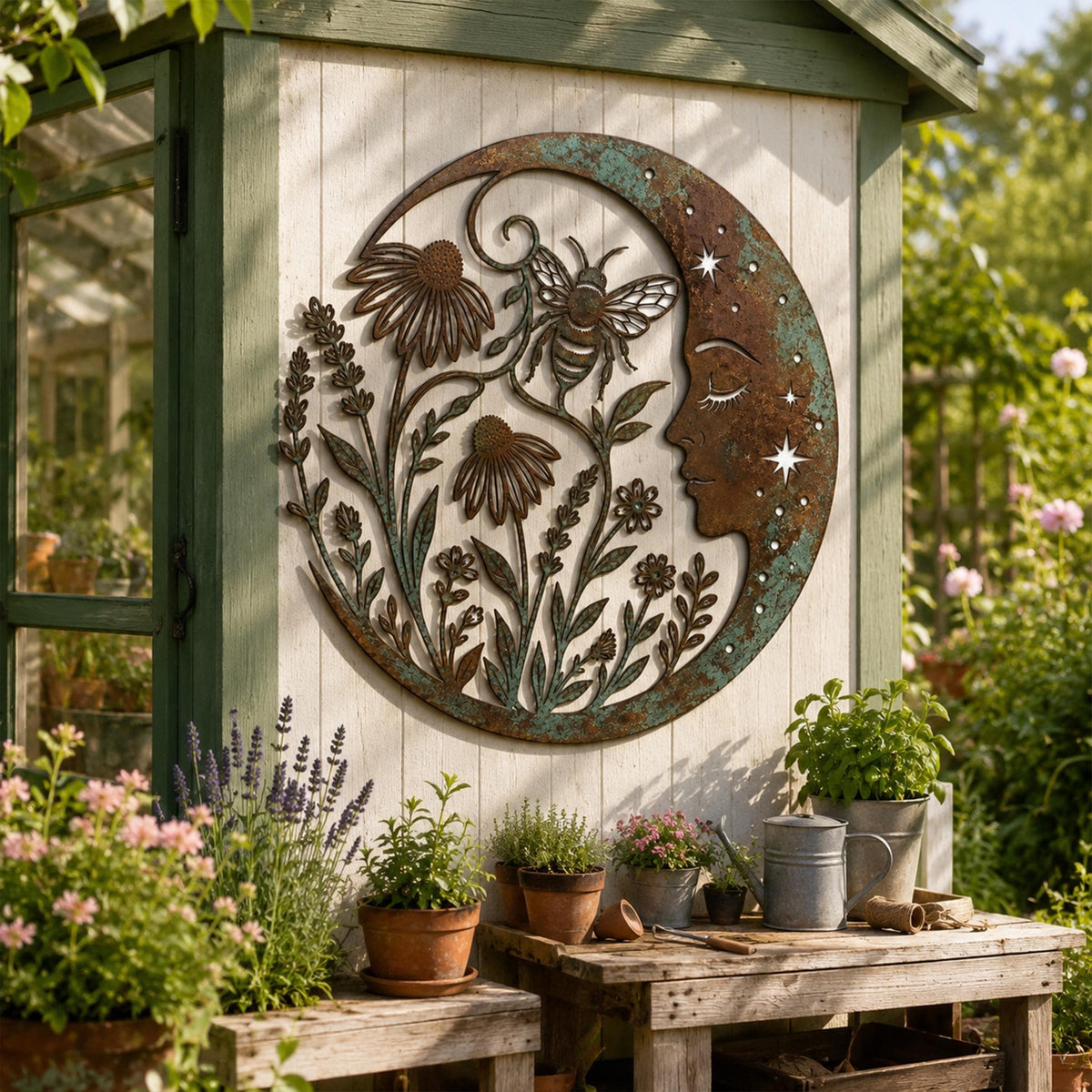 Metal Moon Wall Art, Floral Crescent Decor, Bee Celestial Hanging