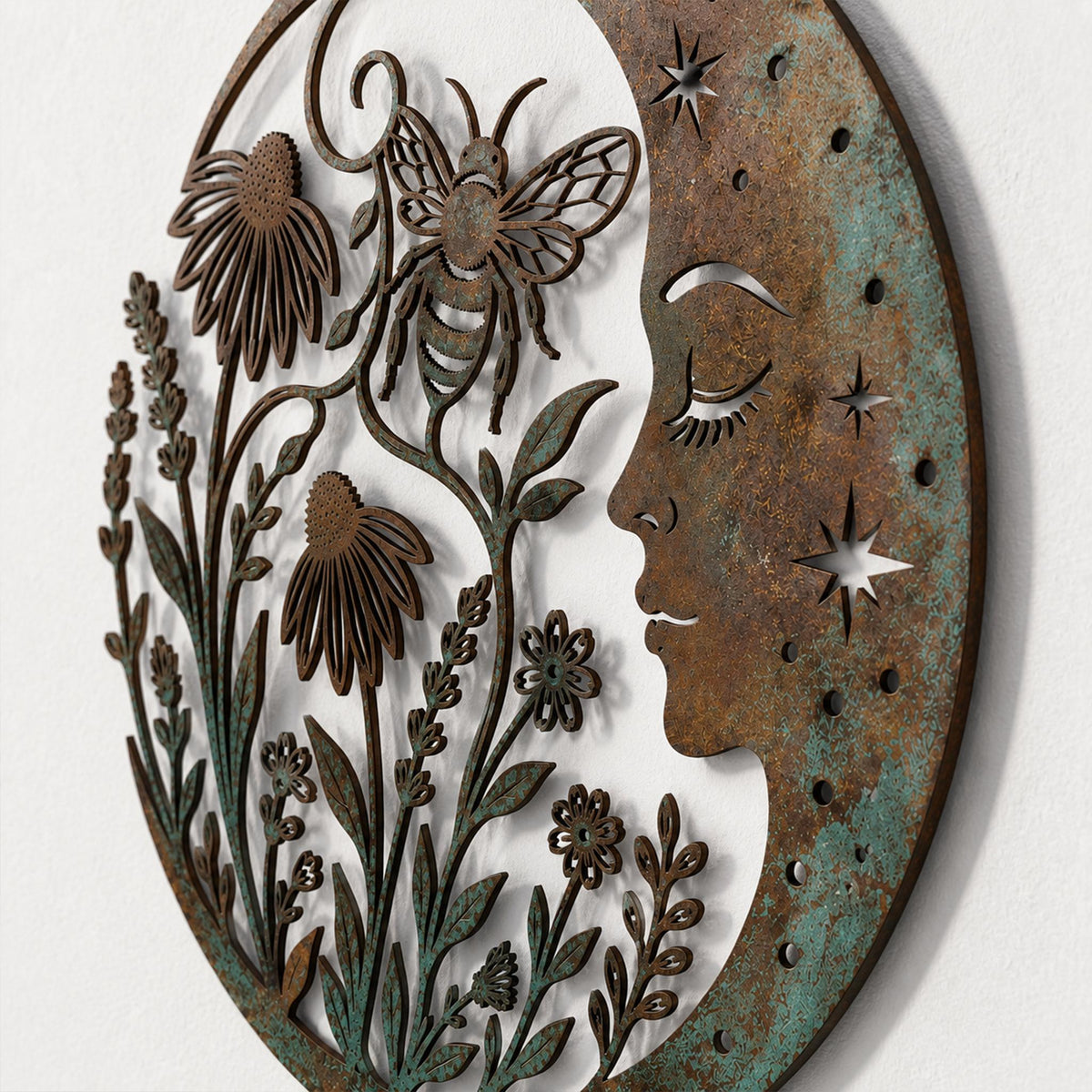 Metal Moon Wall Art, Floral Crescent Decor, Bee Celestial Hanging