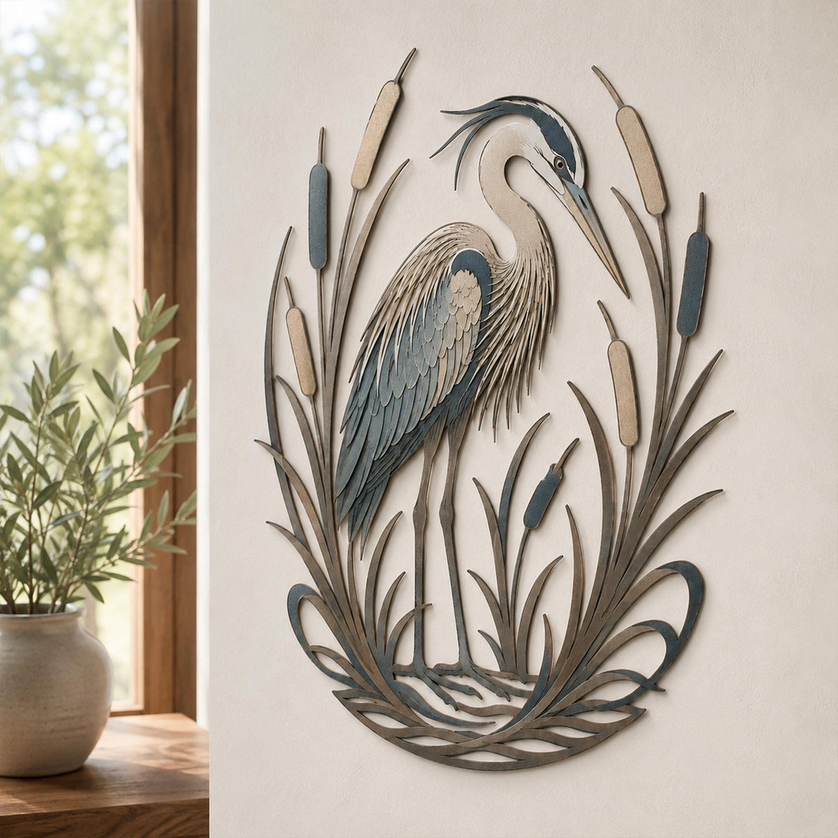 Blue Heron Metal Wall Art, Pond Bird Decor, Cattail Reeds Hanging