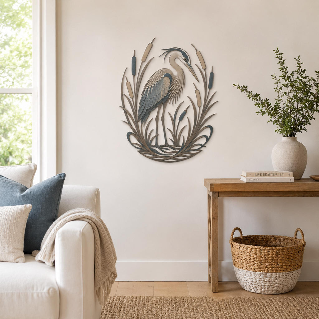 Blue Heron Metal Wall Art, Pond Bird Decor, Cattail Reeds Hanging