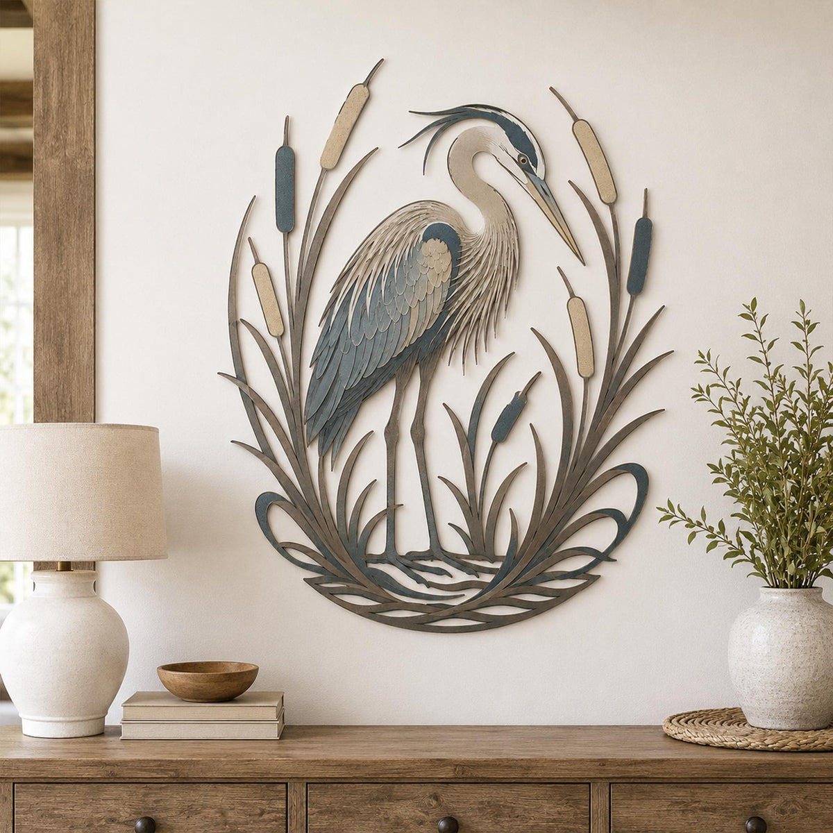 Blue Heron Metal Wall Art, Pond Bird Decor, Cattail Reeds Hanging